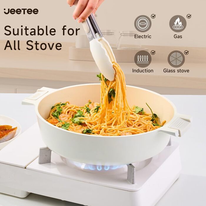 JEETEE Ceramic Cookware Set Non-Stick 16-Piece, Non-Stick Fry Pan 24/28, Sauté Pan with Lid and Steamer, Pot Induction, Non-Stick Cookware Set Beige