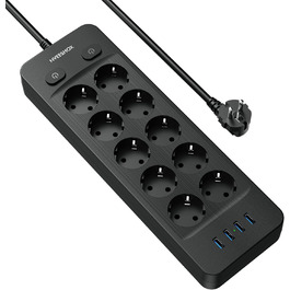 Мережевий фільтр NVEESHOX з 10 розеток, 3 USB-A та 1 USB-C (20W PD), з індивідуальними вимикачами, захист від перенапруги, 2м, для дому та офісу (Чорний)