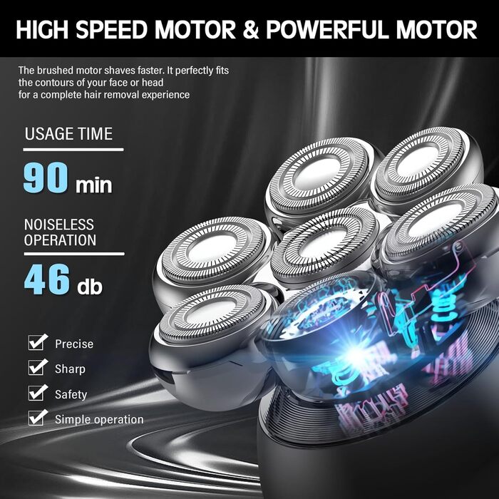 Електричний бритва для голови та бороди Glatzen 5-в-1 з 7 плаваючими головками, IPX6 водонепроникний, тример для носа та вух, LED-дисплей
