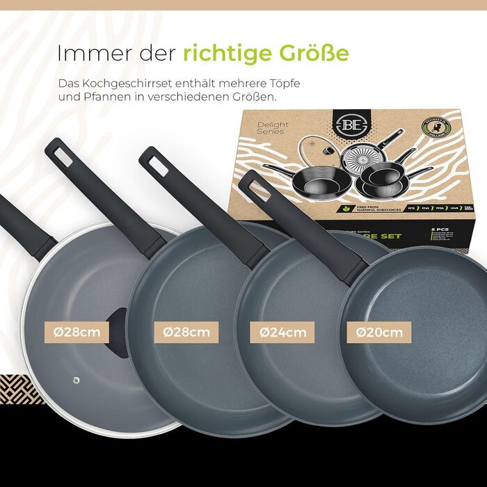 Набір сковорідок Be Living Delight 4 шт. (20/24/28 см + Вок 28 см з кришкою), антипригарне покриття кераміка, для індукційних плит, без PTFE та PFOA, чорний