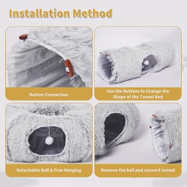 Odoland Cat Tunnel - Large Cats, Foldable Cat Tunnel with Play Ball Cat Bed, Multifunctional Crinkle Tunnel Cat Cave Interactive Toy for Indoor Kittens