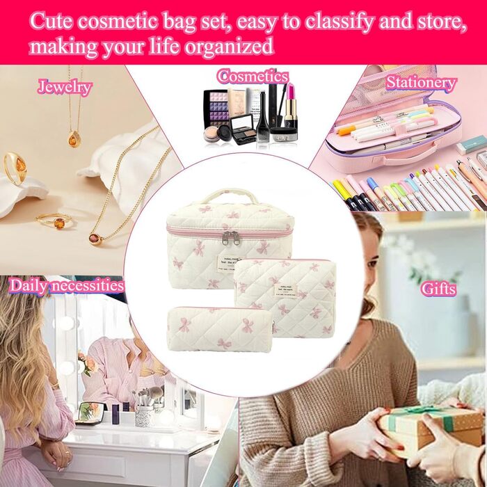 Набір косметичок з квітами для дівчаток, набір культуртреш для жінок, степкова косметичка для макіяжу, бавовняний культуртреш, косметичка Coquette, естетичні речі Clean Girl, косметична сумка (біло-рожева стрічка)