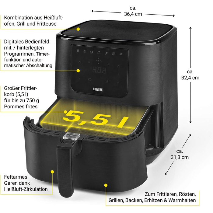Фритюрниця-конвекційна піч Midnight Black 5.5 л | 1800 Вт, 7 програм | Без жиру, з цифровим дисплеєм