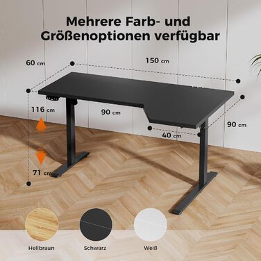 Електричний столик Agilestic L-подібної форми 150 см, регульований по висоті, для дому та офісу, ергономічний комп'ютерний стіл зі з'єднувальною панеллю, чорний, 150 x 90 см