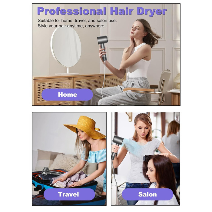 Іонізатор для волосся 160 000 іонів/хв, 500 млн негативних іонів, 55 дБ – професійний фен з насадкою-дифузором та магнітною насадкою, швидка сушка з холодною струєю