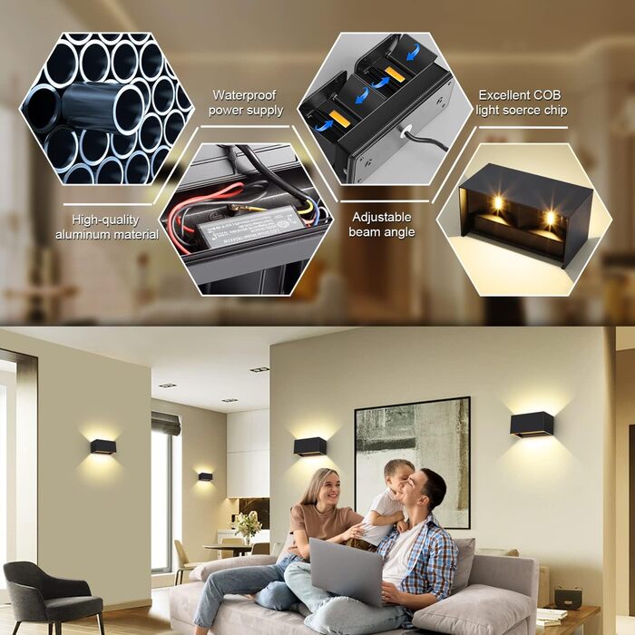 LED-водостійка настінна лампа Kingwen 4 шт. 20W, 3000K, IP65, чорний колір
