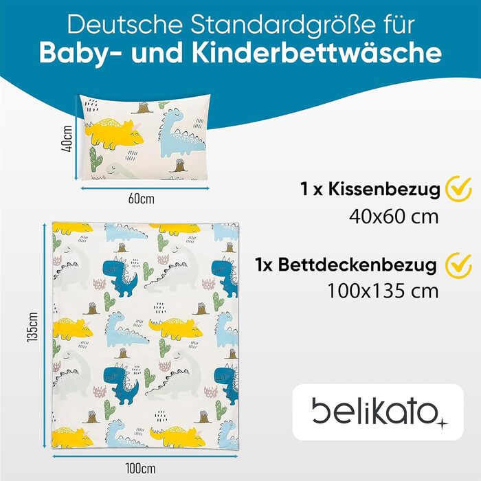 Комплект постільної білизни для ліжечка Kinderbettwäsche з динозаврами 100x135/40x60, 100% бавовна, для хлопчиків, прання при 60°C