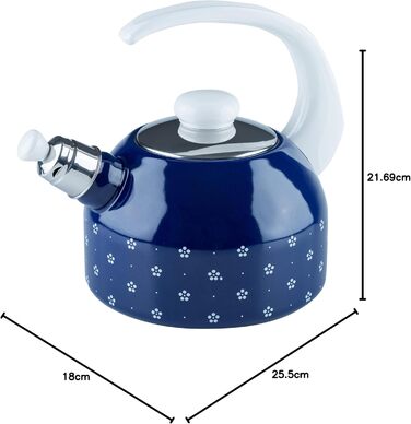 Riess, 0543-073, Whistling Kettle Plus, COUNTRY - DIRNDL, Diameter 18 cm, Height 21.7 cm, Capacity 2 liters, Enamel, Triple-enameled, blue/white, Induction 2 liters Floral Blue
