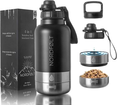 Водяна пляшка для собак на прогулянці 4-в-1, 950 мл, з мисками для води та корму, з нержавіючої сталі, BPA-Free