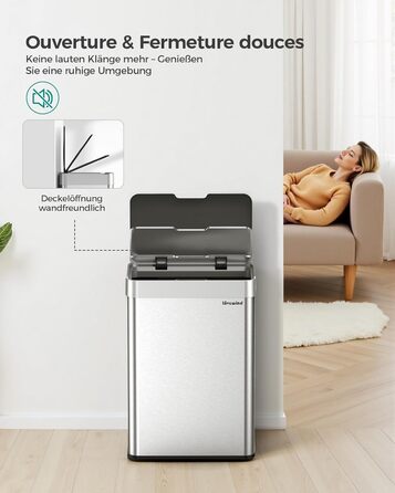 Сміттєвий бак кухонний сенсорний Lovewind 55л, нержавіюча сталь, USB-C, сріблястий