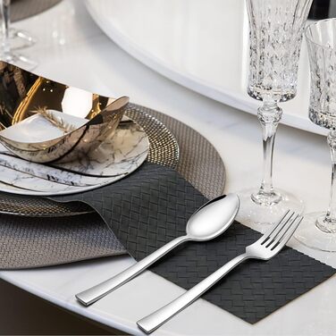 Набір столових приборів Herogo на 6 осіб (36 предметів) з нержавіючої сталі. Включає виделки, ножі, ложки, спеціальні ножі для стейку. Підходить для дому та ресторану, миється в посудомийній машині. Квадратний дизайн.