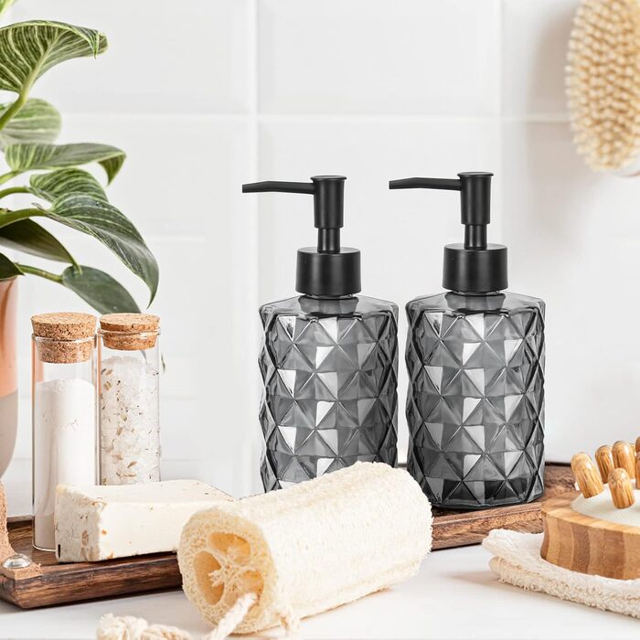 Дозатор мила чорний, скляний дозатор для ванної кімнати, наповнюваний дозатор з нержавіючою сталею, 2 підставки, 330 мл, вінтажний дизайн