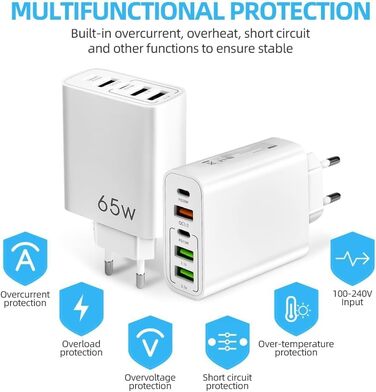 Мережевий адаптер AXFEE 65W 5 портів USB C з USB-A, швидка зарядка PD 3.0 для iPhone 14 Pro Max 13