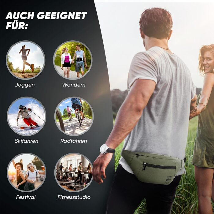 RUVO® Поясна сумка через плече для чоловіків та жінок | стильна сумка на пояс з 4 відділеннями на блискавці | підходить для будь-яких активностей, оливковий колір
