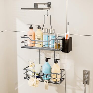 Настінна поличка для душу HapiRm з 4 гачками - поворотна 360°, органайзер для шампуню та мийних засобів, сріблястий