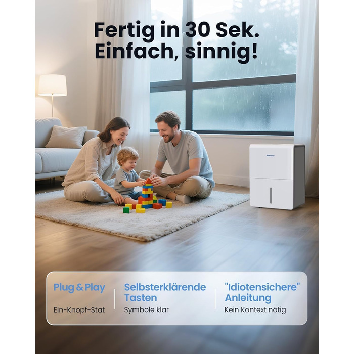 Електричний осушувач повітря Newentor 25L для дому, підвалу, 215 м³/80 м², з таймером, фільтром, шлангом, гарантія 10 років