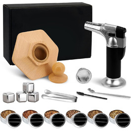 Набір для копчення коктейлів з ліхтариком, 6 смаків дерев'яної стружки, 4 кубики віскі, портативний набір для копчення коктейлів у подарунок для чоловіків, металевий набір для копчення віскі (без бутану)