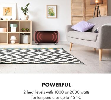 Klarstein Electric Heater, Convector Heater - Freestanding or Wall-Mounted, Energy-Saving Electric Heater, App Control, Quiet Electric Heater, Standalone Electric Radiator with Thermostat, 2000 W Black Bornholm Curved Smart