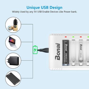 Зарядний пристрій BONAI для акумуляторів AA AAA NI-MH з LED-дисплеєм, USB, швидка зарядка, 8 слотів