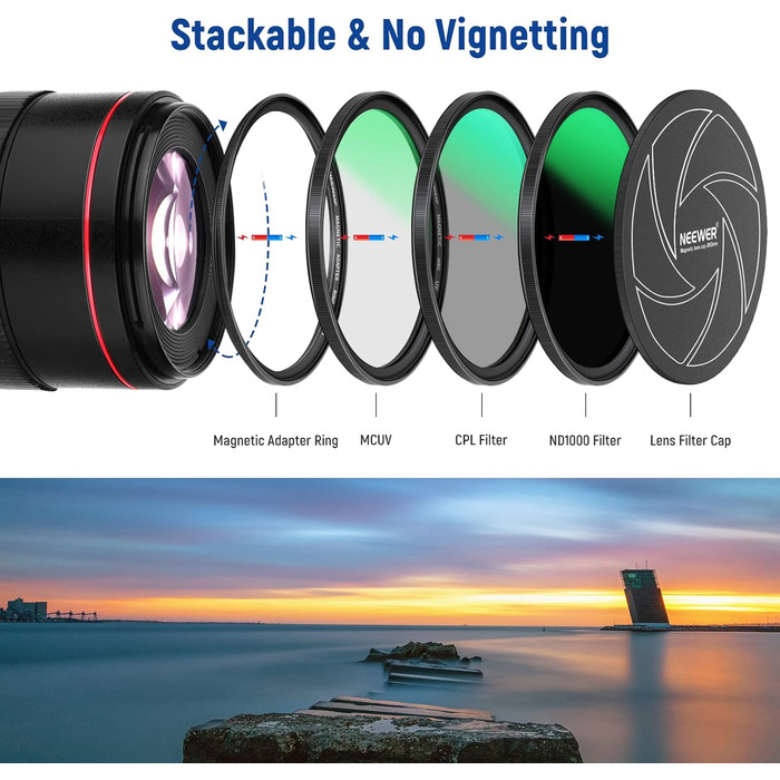 Набір фільтрів NEEWER 5-в-1 з магнітним кріпленням (82 мм): ND1000, CPL, UV, адаптерний кільце, кришка. 42-шарів покриття, ультратонкий, водонепроникний, стійкий до подряпин.