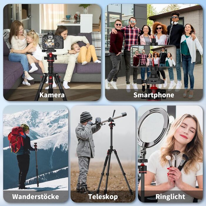 Штатив для камери XXZU 188 см, складаний, з кульковою головкою 360°, для DSLR, телефону, телескопа, чорно-червоний