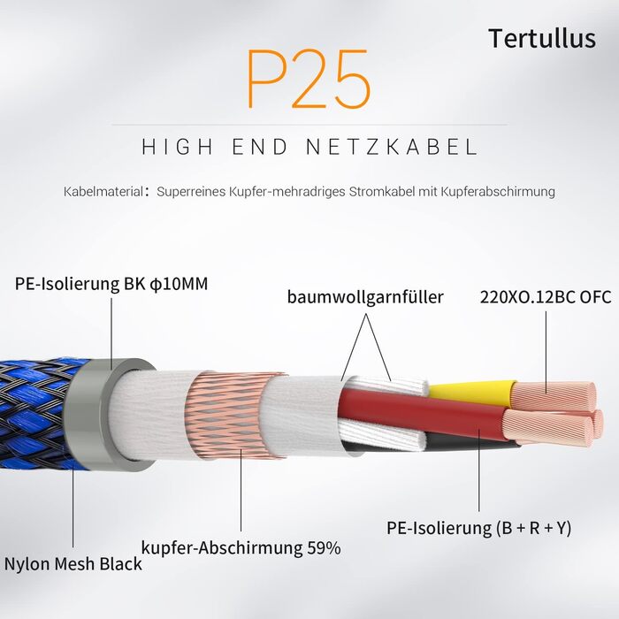 Hi-Fi мережевий кабель Tertullus High End C15 для аудіосистем, штекер Schuko — C15, 1м (P037)