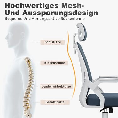 Офісний стіл Naspiro, ергономічне крісло з сітчастою спинкою, підтримка попереку, м'яке сидіння, регульована висота, для дому та офісу, сірий (темно-сірий, з підголовником)