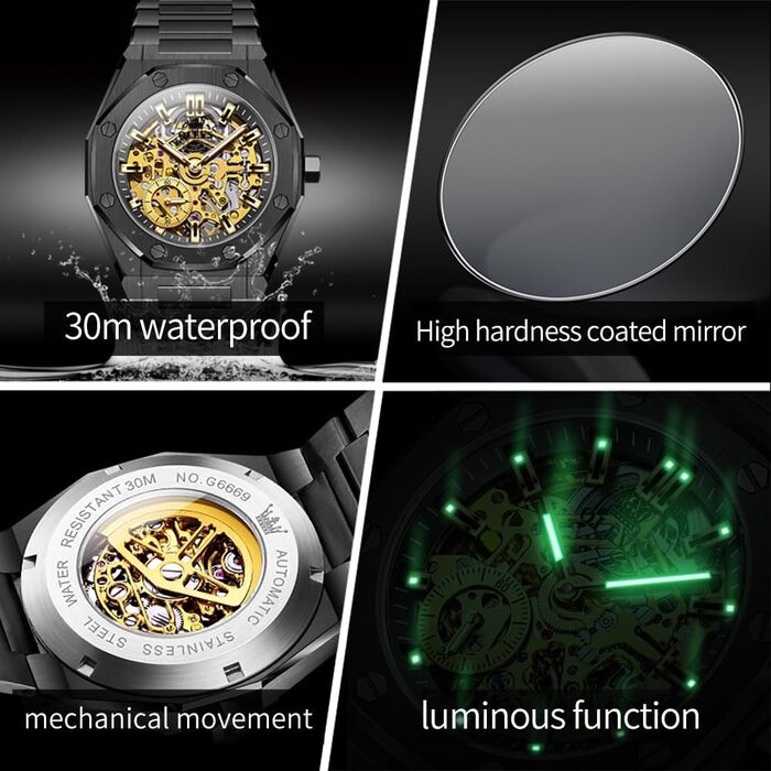 Чоловічий механічний годинник OLEVS Gold Skeleton: автоматичний підзавод, сталь, водонепроникний, з діамантами та підсвіткою (6669 Schwarz)