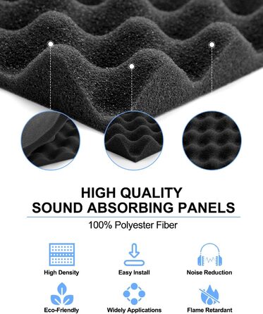 Акустичний шумопоглищаючий поролон «Яйце» з самоклейкою, 12 шт, вогнестійкий звукопоглинаючий матеріал для студії звукозапису, офісу та дому, чорний, 30×30×2,5 см