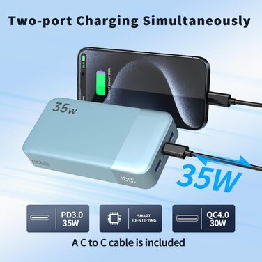 Power Bank Nobis 20000mAh з LED дисплеєм, 35W USB-C, 4 порти, зарядка для MacBook, iPhone 15, Samsung S23 (зелений/синій)