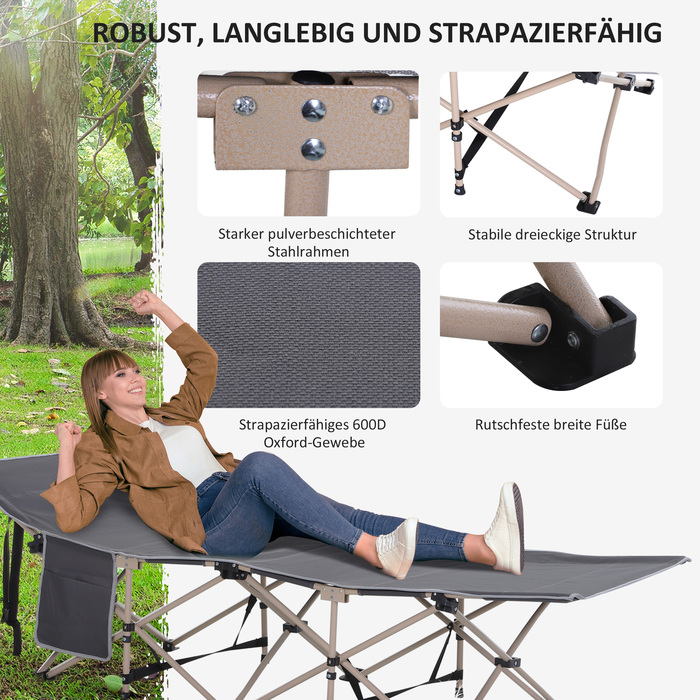 Outsunny Folding Cot with Storage Bag, Foldable Camping Bed, Camping Lounger, Includes Carry Bag, Steel Oxford, Grey, 190 x 68 x 52 cm | Aosom
