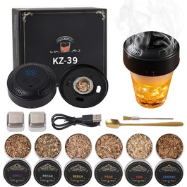 Електричний набір для копчення віскі, коктейльний дим-сет - 6 видів деревини, RGB підсвітка, безполум'яний димогенератор для коктейлів та їжі, подарунок для чоловіків