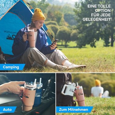 Термокружка з трубочкою 880мл, 30oz - ізольована термокружка з кришкою та ручкою, нержавіюча сталь, велика ємність, Tumbler, термокружка для напоїв, кавова кружка to go XXL (Рожева)