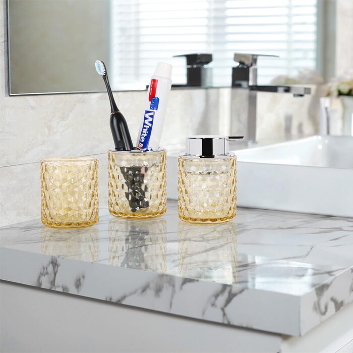 Pink bathroom accessory set made of glass, including a toothbrush holder, soap dispenser, and cup, foaming soap dispenser and toothbrush holder, 3 pink bathroom cups for brush, toothpaste (amber and silver).