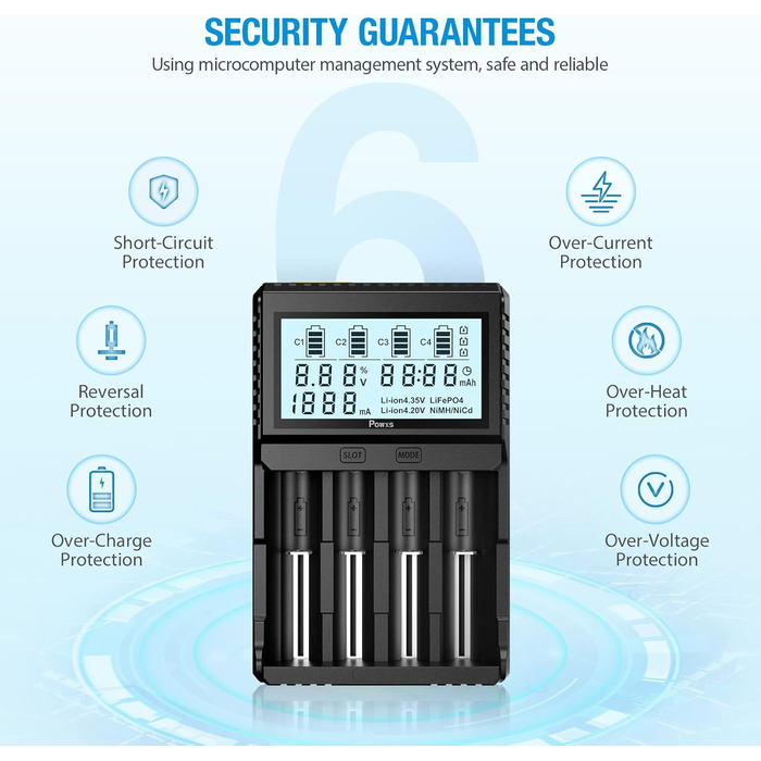 Зарядний пристрій POWXS для акумуляторів 18650 з тестуванням, LCD-дисплеєм, 4 слоти, Li-Ion, IMR, NI-MH, NI-Cd, AA, AAA, C, 26650, 21700, 16340, 14500, 10440, RCR123