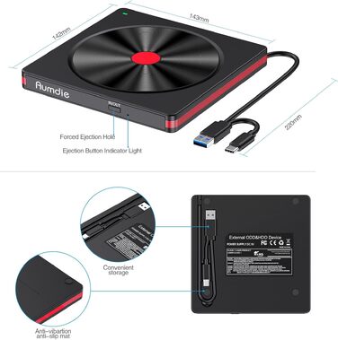 Зовнішній DVD-накопичувач та CD-привід USB 3.0 / USB-C, зовнішній DVD-записувач для ноутбука, ПК, Mac, Windows 11/10/8.1/7, Linux, чорний