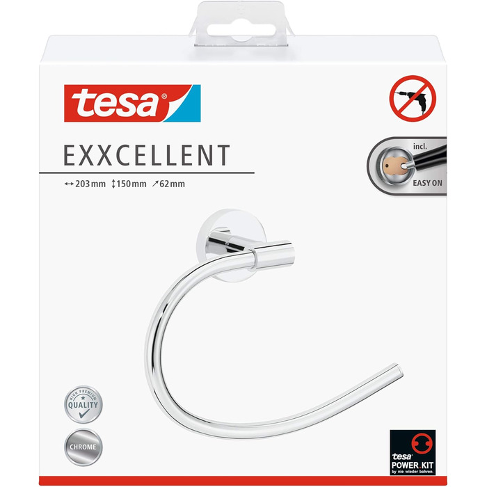 Тримач для туалетного паперу tesa EXCELLENT без кришки, хромований, настінний на клейовій основі (без свердління), 135x106x45 мм