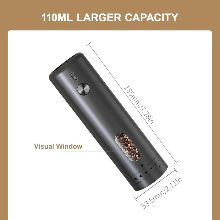 Електричний набір для солі та перцю з зарядною станцією, об'єм 110 мл, перезаряджувана солянка з 5 рівнями, керамічна млинка з щіткою (1 шт. чорний)