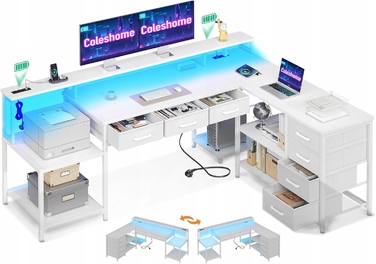 Кутовий ігровий стіл L-подібний, білий, з 7 шухлядами та LED-підсвіткою