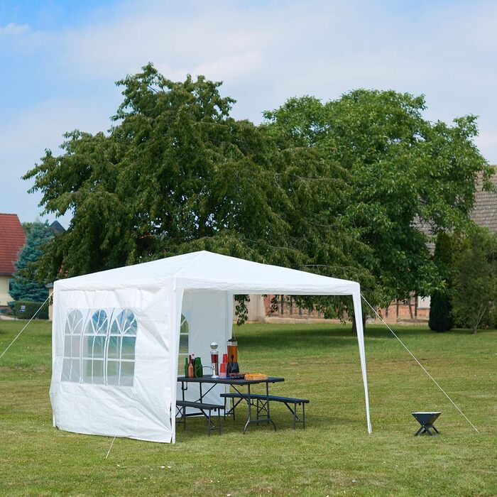 Relaxdays Gazebo 3x3 m, 2 Side Panels, Metal Frame, PE Fabric, Windows, Festival Party Tent, Enclosed, (White)