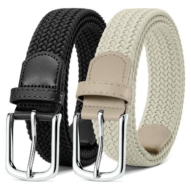 Набір з 2 еластичних плетених ременів для жінок та чоловіків – регульовані та розтяжні ремінні ремені, 3,3 см, довжина 100–120 см (Чорний + Бежевий, довжина 110 см)