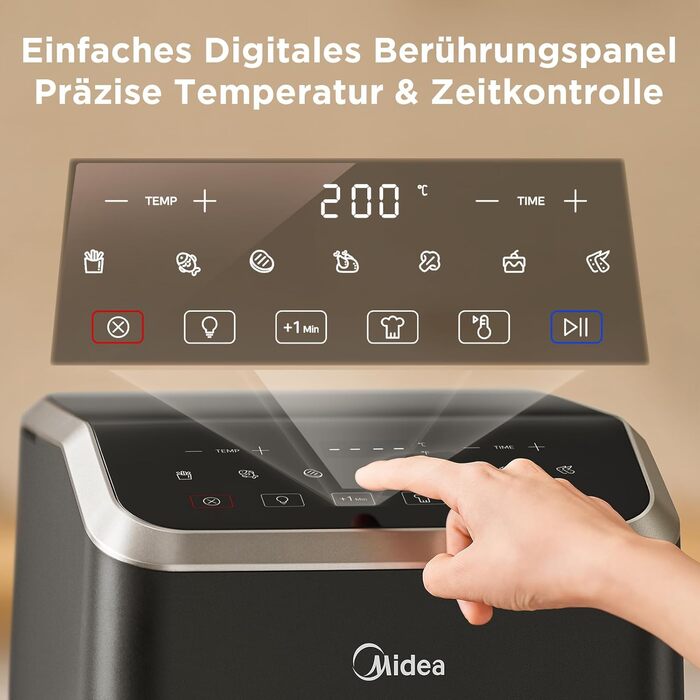 Фритюрниця Midea з гарячим повітрям 7 л, HeatXpress, 90% менше олії, енерго- і заощадження часу, 7 програм, оглядове вікно, антипригарна, чорна