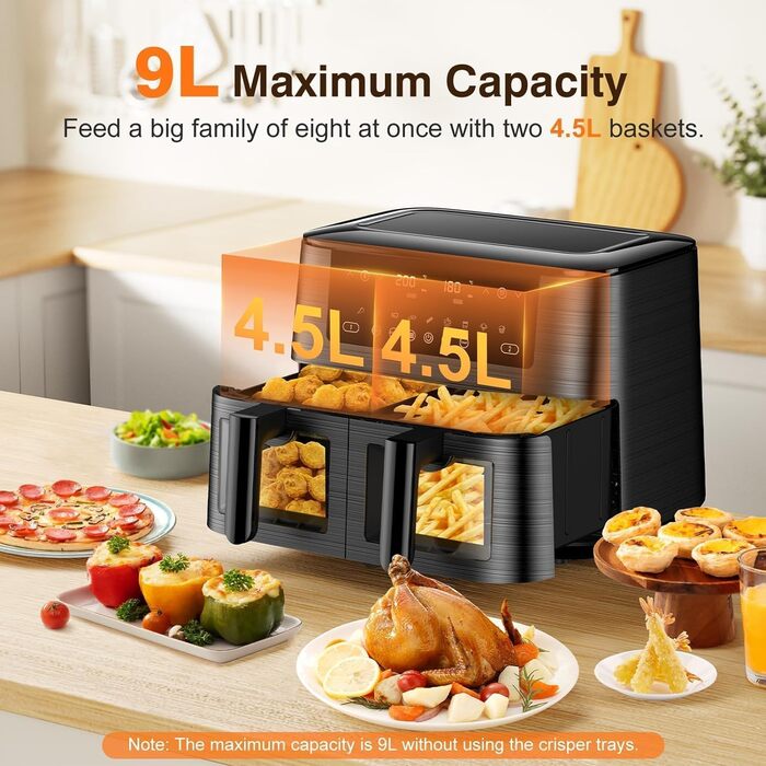Дво-зонна аерофритюрниця з оглядовим вікном, 9 л XL, подвійний Airfryer, 2 кошики, 9-в-1, сенсорний екран, розумний таймер, для здорового приготування без олії