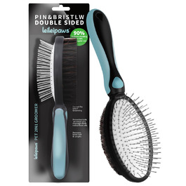 Двостороння щітка для собак та котів - розпушувач для довгої та короткої шерсті, металеві щетинки та натуральна щетина, ергономічна ручка TPR, м'який та ефективний догляд за шерстю (Синьо-Чорний)
