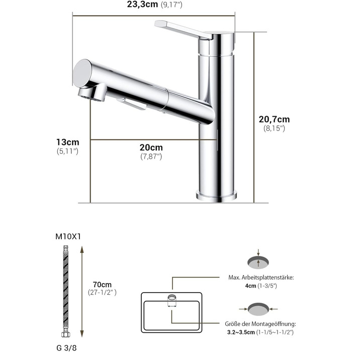 Змішувач кухонний DAYONE з висувною лійкою, нержавіюча сталь, 3 режими, 360° обертання, для кухонної мийки (15 см), матовий (хром, низький вигин-337)