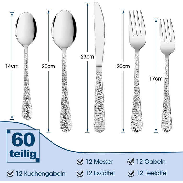 Herogo Cutlery Set 12 People, 60-Piece Stainless Steel Cutlery Set with Knife, Fork, Spoon, Elegant Hammered Silverware for Home/Party/Restaurant, Dishwasher Safe, Rustproof, Polished