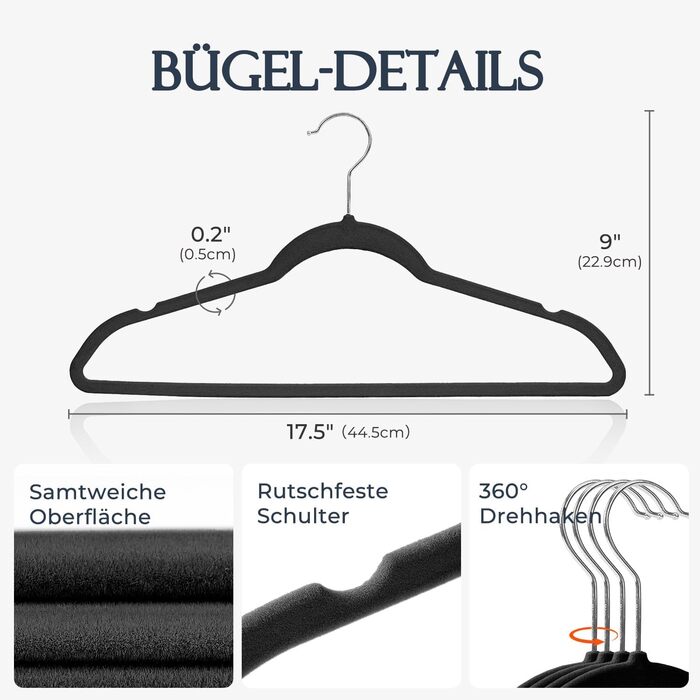 Плечики для одягу з оксамиту, 20 шт. - Плечики для економії місця, нековзні, міцні, 360° обертання - для сорочок, костюмів, светрів, штанів, 20 шт. (Чорний, 50 шт.)