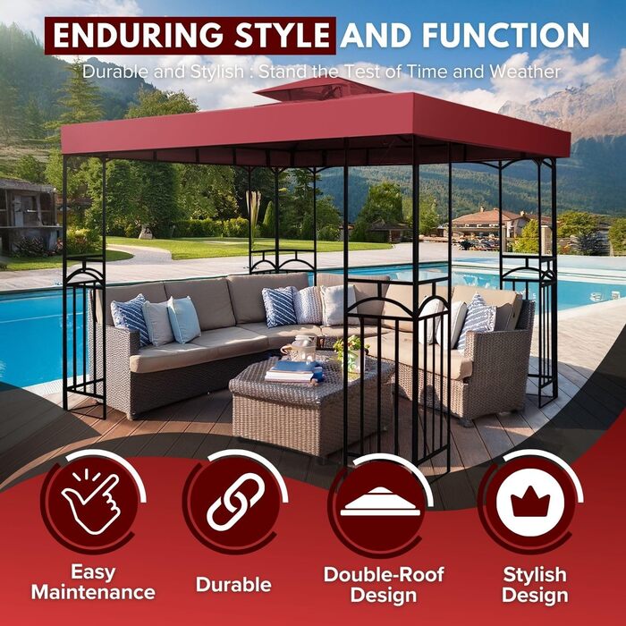Replacement Gazebo Canopy Cover for Gazebo, 2.5 x 2.5 m, Waterproof Cover – Double-Tiered UV30 Cover for Awnings, Garden, Patio, Yard, Tent (Ivory) (Red/Excursion, Solid Color (Getaway Solids))