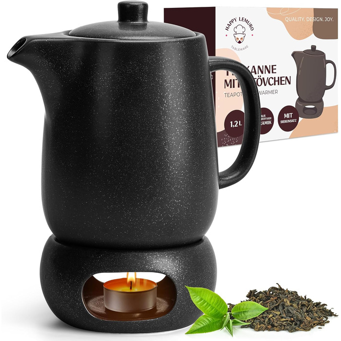 Happy Lemuro Teapot Set with Trivet - 1.2 l - Ceramic Teapot with Infuser and Candle Warmer - Tea Pot - Teapot - Ceramic Teapot with Trivet - Tea Canister