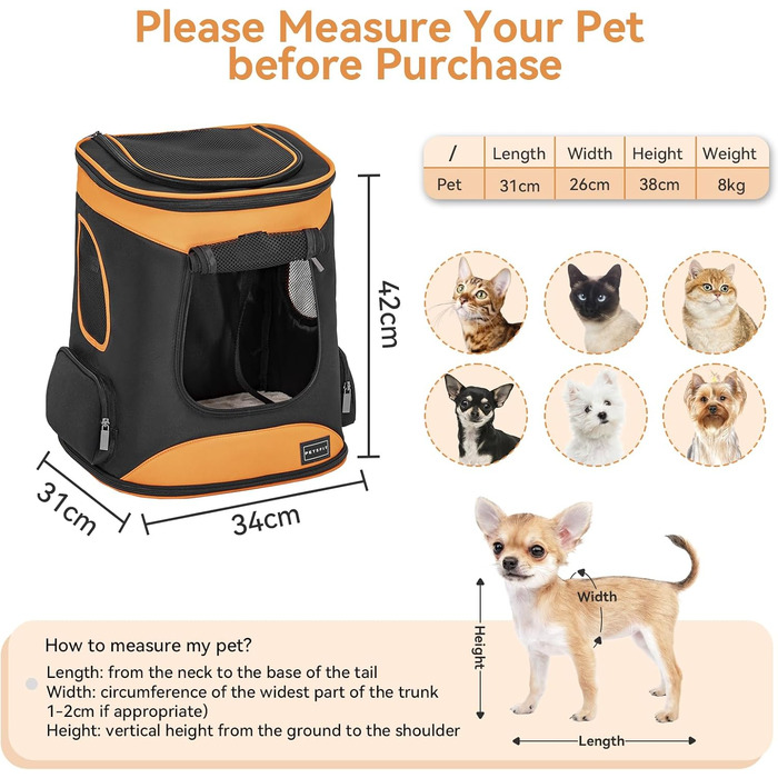 Рюкзак для кота та собаки Petsfit - зручний та дихаючий, до 5 кг, з сіткою та ременем, чорний та помаранчевий